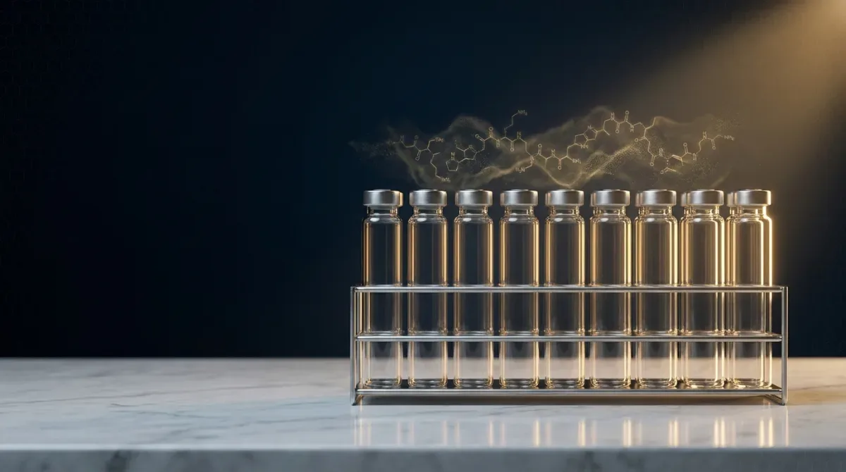 Row of sealed lyophilized peptide vials